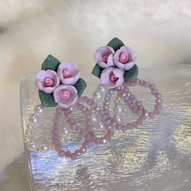 925 needle vintage flower pearl beads chain earrings