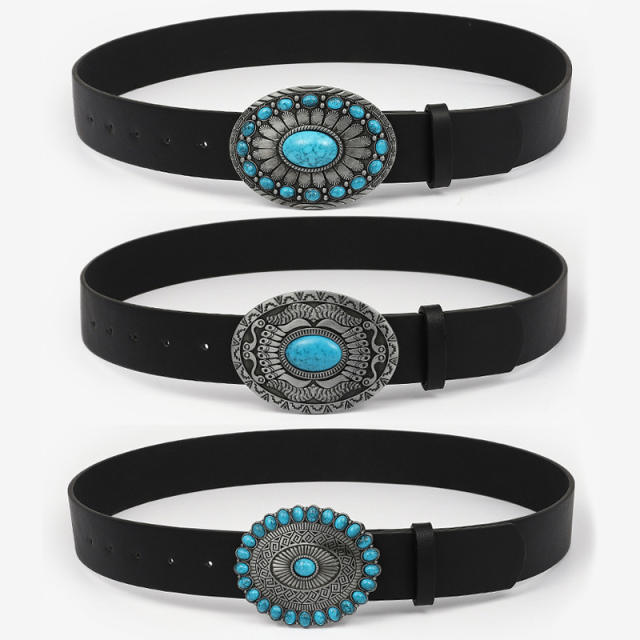 Vintage blue color stone setting buckle belt for women