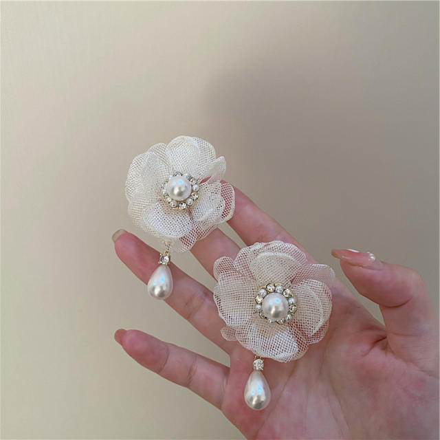 925 needle spring summer white color fabric flower pearl drop earrings