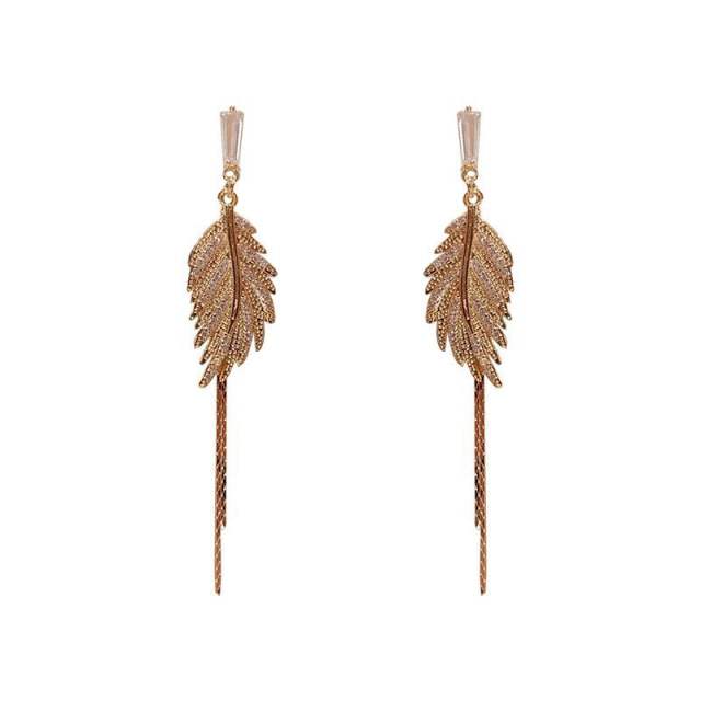 925 needle diamond leaf long tassel earrings