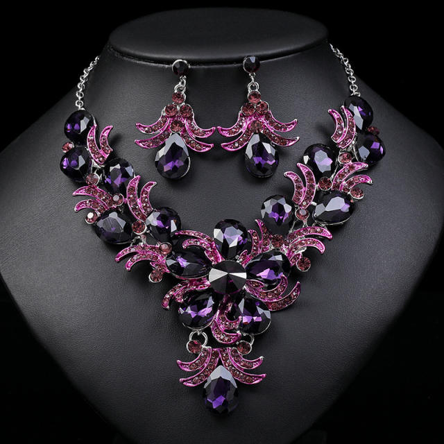 Luxury purple color glass crystal statement flower jewelry set