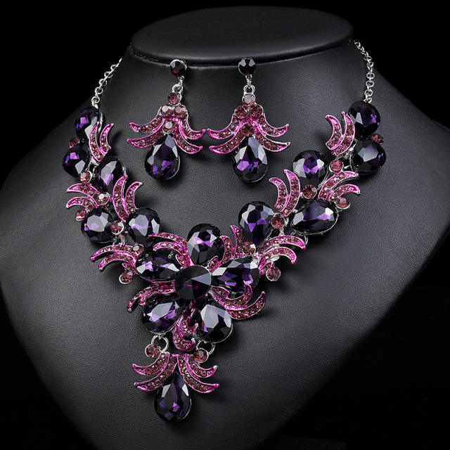 Luxury purple color glass crystal statement flower jewelry set