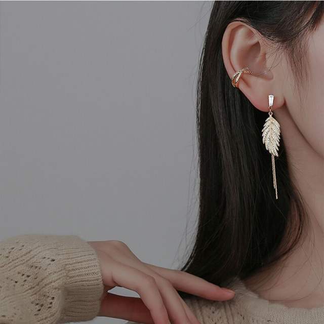 925 needle diamond leaf long tassel earrings