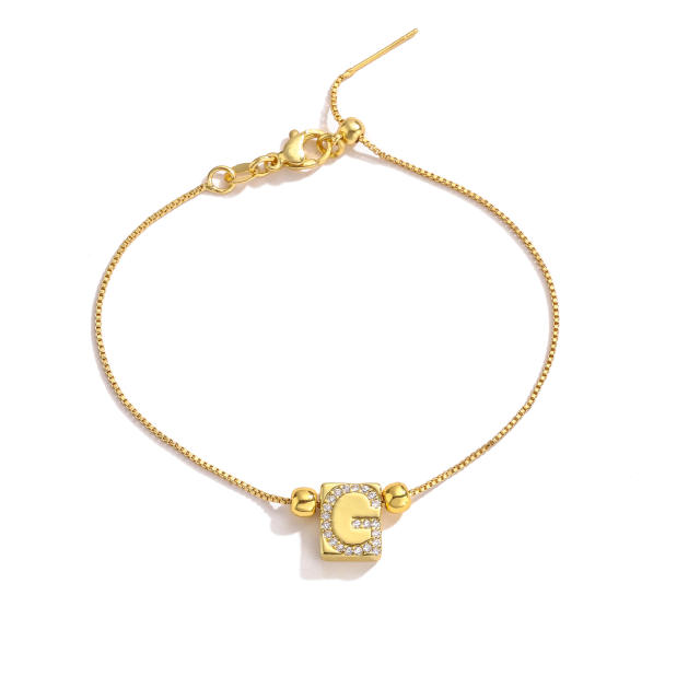 Delicate cubic zircon initial letter real gold plated copper bracelet