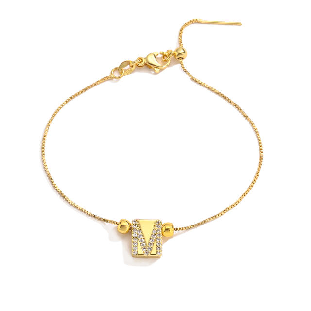 Delicate cubic zircon initial letter real gold plated copper bracelet