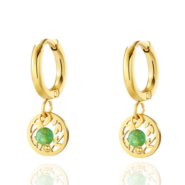 Frech trend green color jade statement stainless steel huggie earrings