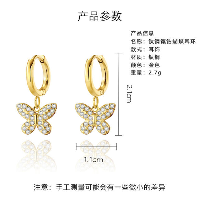 Ins trend pave setting rhinestone butterfly heart star stainless steel huggie earrings