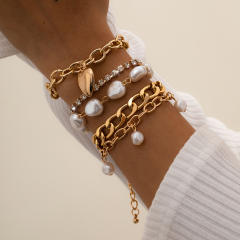 Baroque trend faux pearl layer chain bracelet