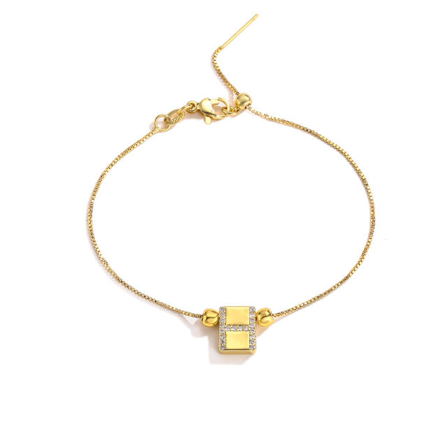 Delicate cubic zircon initial letter real gold plated copper bracelet