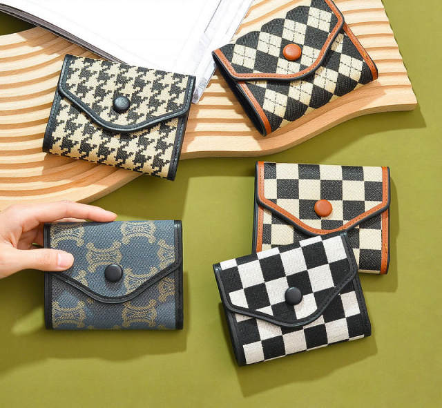 Vintage pattern checkered houndstooth PU material wallet