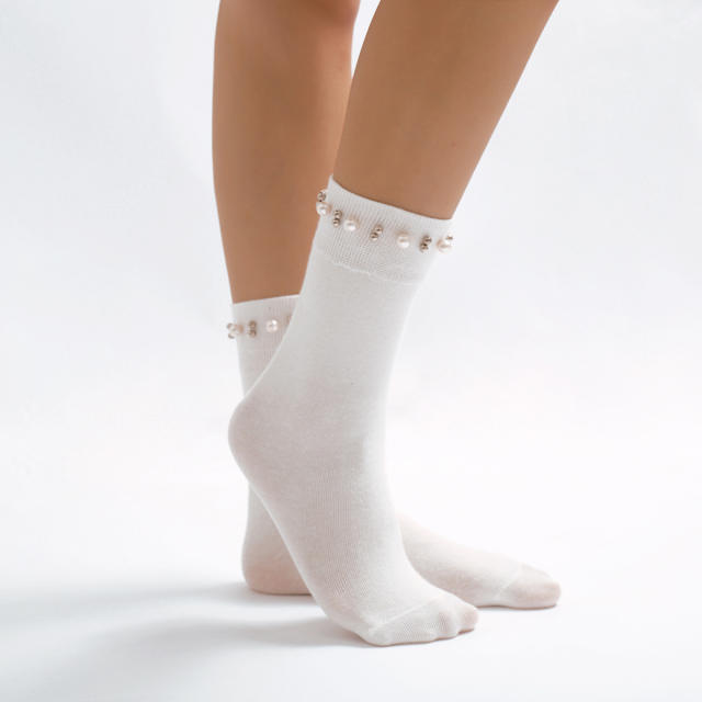 Elegant plain color rhinestone pearl setting socks