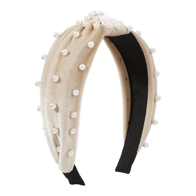 Plain color velvet pearl knotted headband