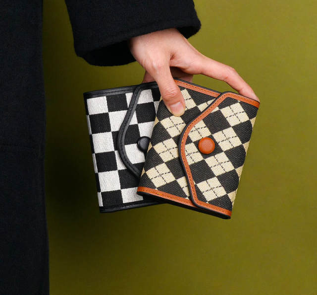 Vintage pattern checkered houndstooth PU material wallet