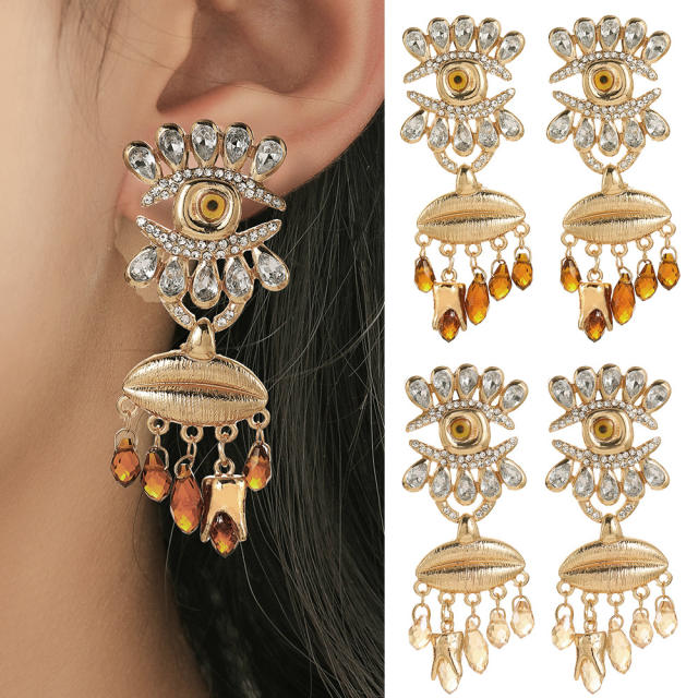 Vintage national trend rhinestone evil eye tassel earrings