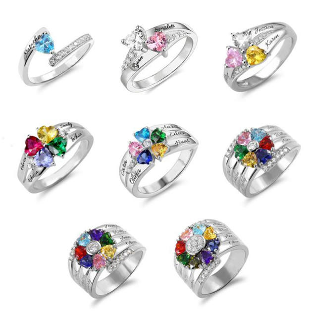 Creative color cubic zircon engrave name monther's day birthstone rings