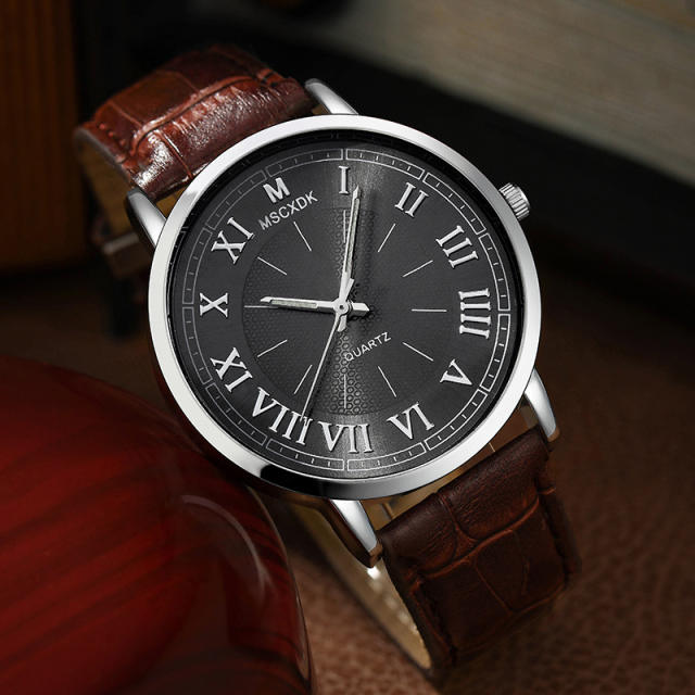 2pcs brown color pu leather bracelet men watch set