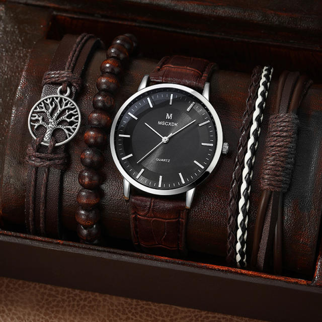 5pcs pu leather life tree braid bracelet watch set for men