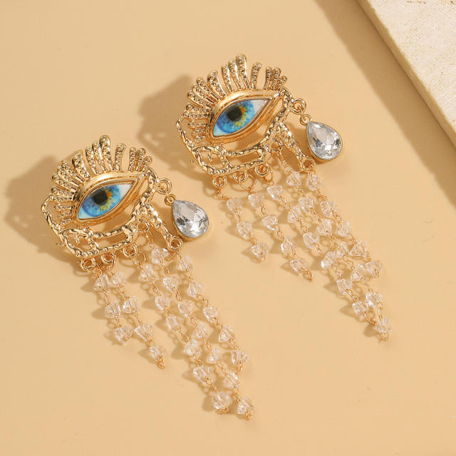 New design rhinestone tassel evil eye earrings