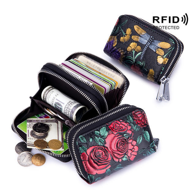 Color painting multi function card holder zipper wallet