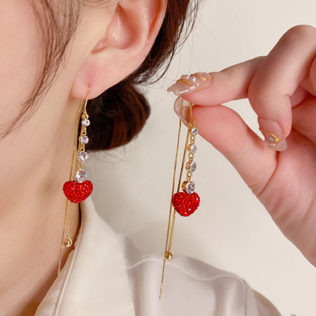 Luxury red diamond heart threader earrings