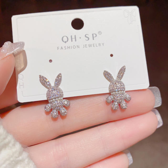 925 needle cute diamond rabbit studs earrings