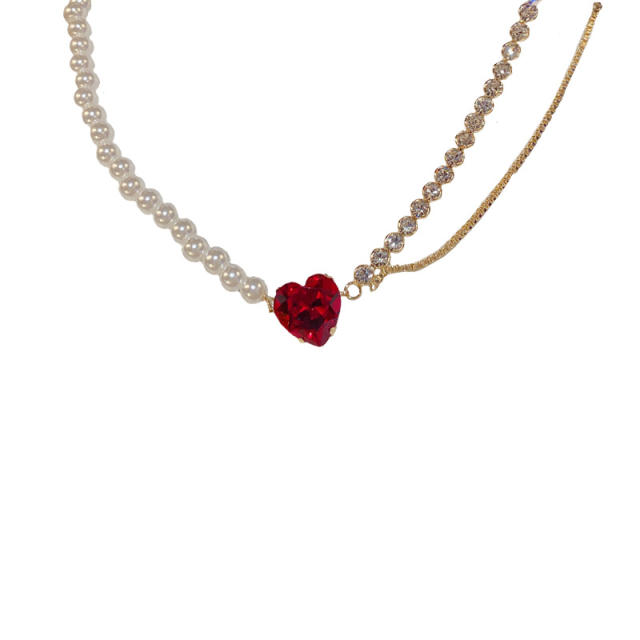 Korean fashion red heart cubic zircon pearl choker necklace