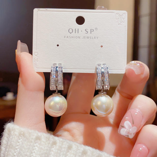 925 needle cubic zircon setting pearl drop earrings