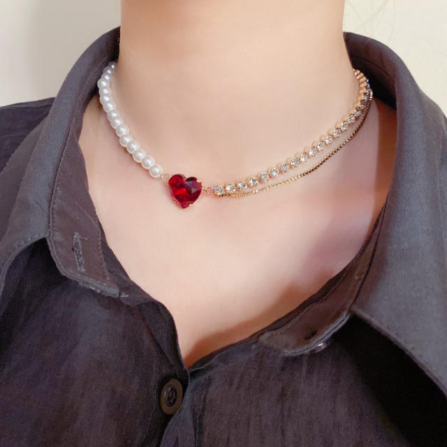 Korean fashion red heart cubic zircon pearl choker necklace