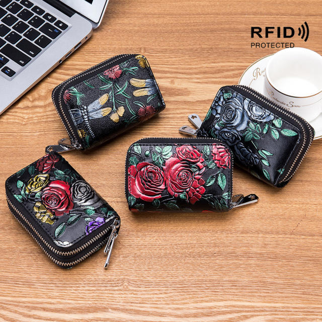 Color painting multi function card holder zipper wallet