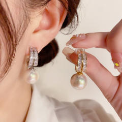 925 needle cubic zircon setting pearl drop earrings