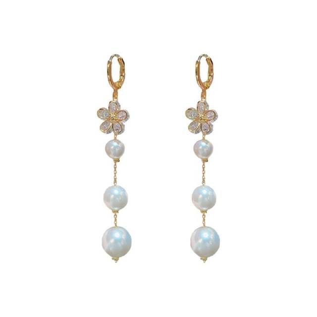 Korean fashion cubic zircon flower pearl dangle earrings