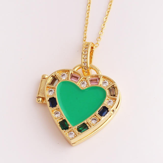 Green color enamel heart real gold plated locket necklace