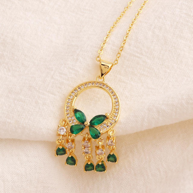 INS emerald butterfly tassel real gold plated necklace