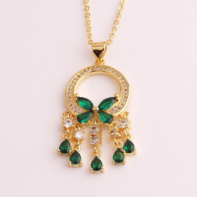 INS emerald butterfly tassel real gold plated necklace