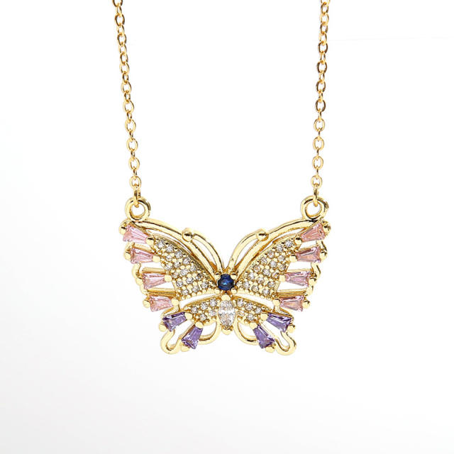 Vintage rainbow cubic zircon butterfly real gold plated necklace