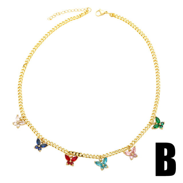Hiphop rainbow cubic zircon butterfly real gold plated necklace