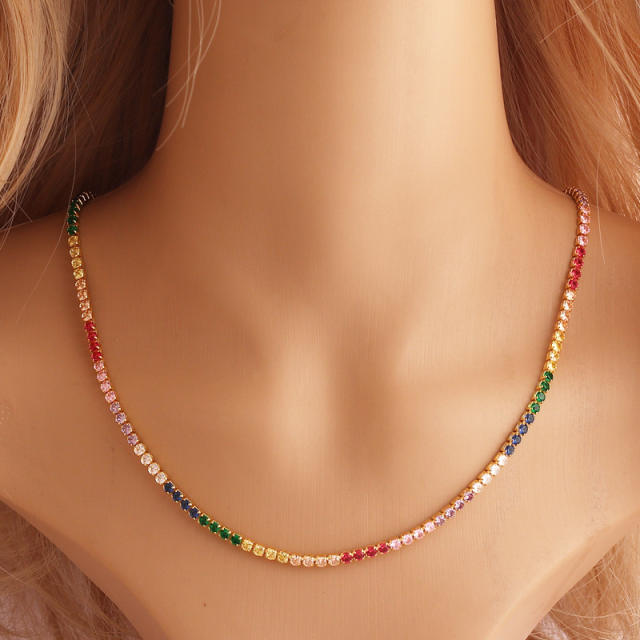 Elegant rainbow cubic zircon real gold plated tennis necklace