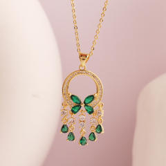 INS emerald butterfly tassel real gold plated necklace