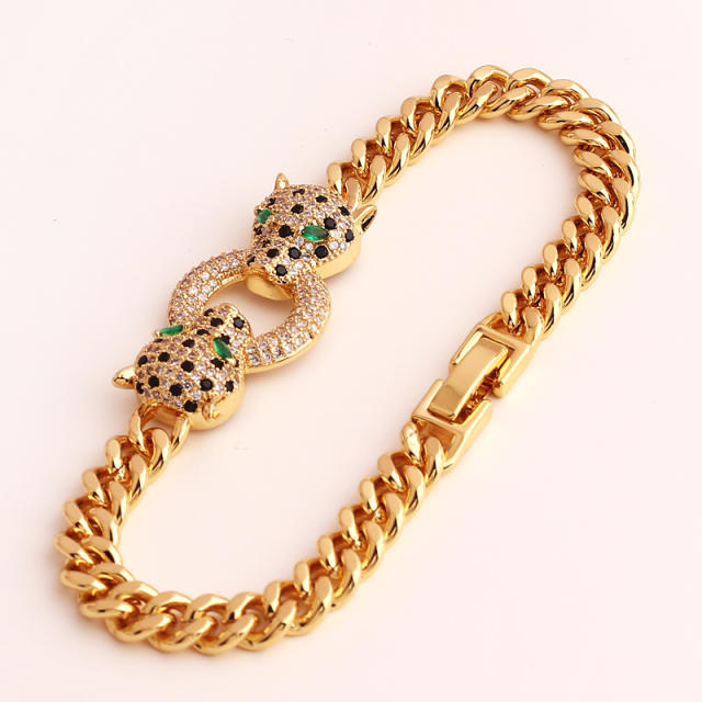 Luxury pave setting rhinestone leopard head chain bracelet