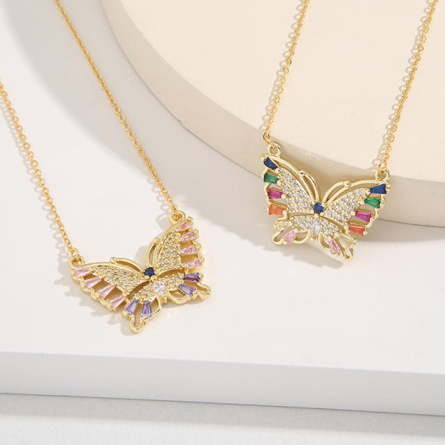 Vintage rainbow cubic zircon butterfly real gold plated necklace
