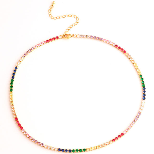 Elegant rainbow cubic zircon real gold plated tennis necklace