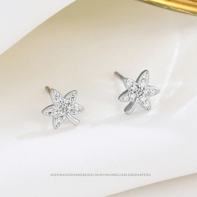 925 sterling silver diamond leaf studs earrings
