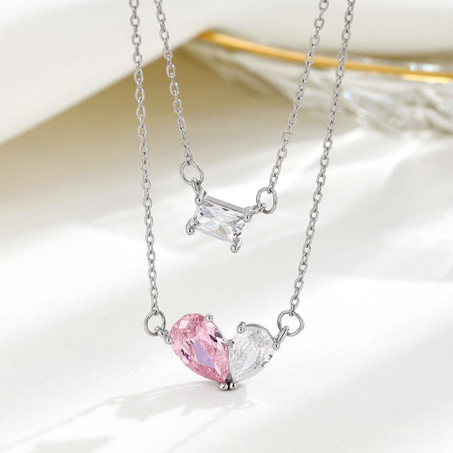 925 sterling silver color cubic zircon heart two layer  necklace