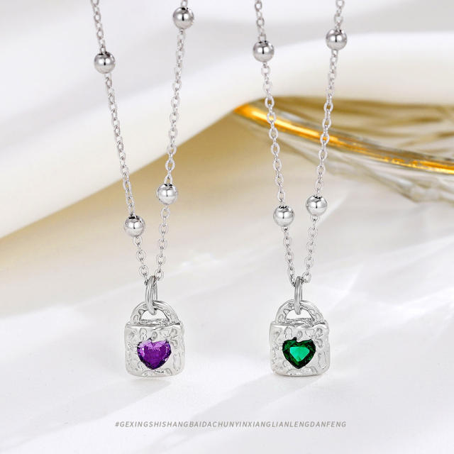 925 sterling silver heart cubic zircon padlock pendant necklace