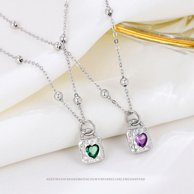 925 sterling silver heart cubic zircon padlock pendant necklace