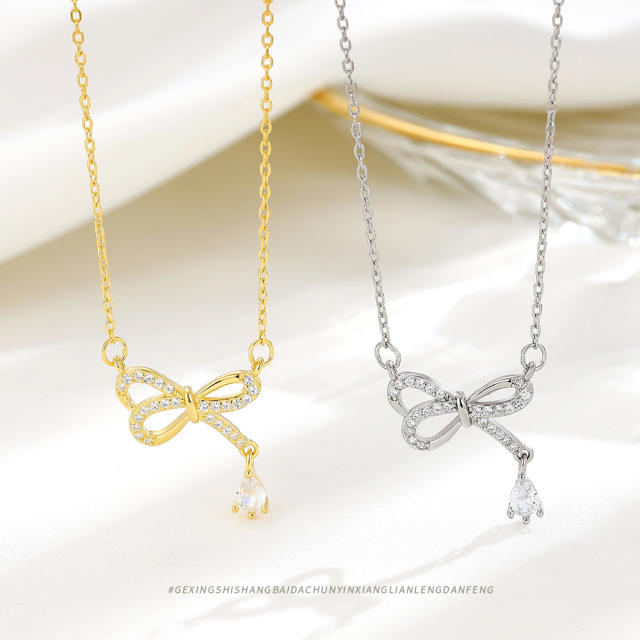 925 sterling silver diamond bow necklace