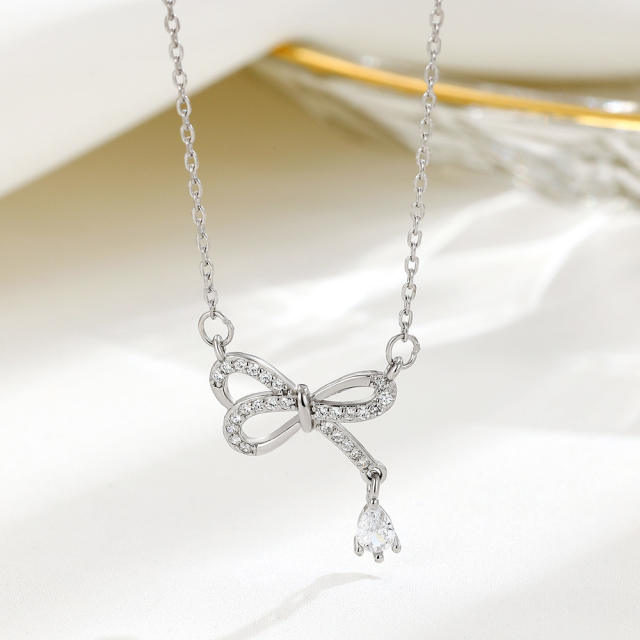 925 sterling silver diamond bow necklace