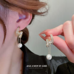 Real gold plated elegant cubic zircon pearl dangle earrings