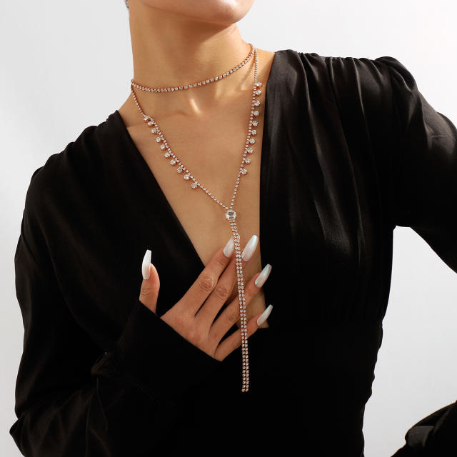 Elegant rhinestone setting lariet necklace