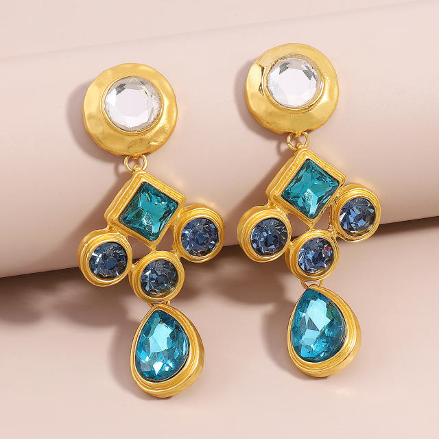 Personality blue color glass cyrstal statement cross earrings